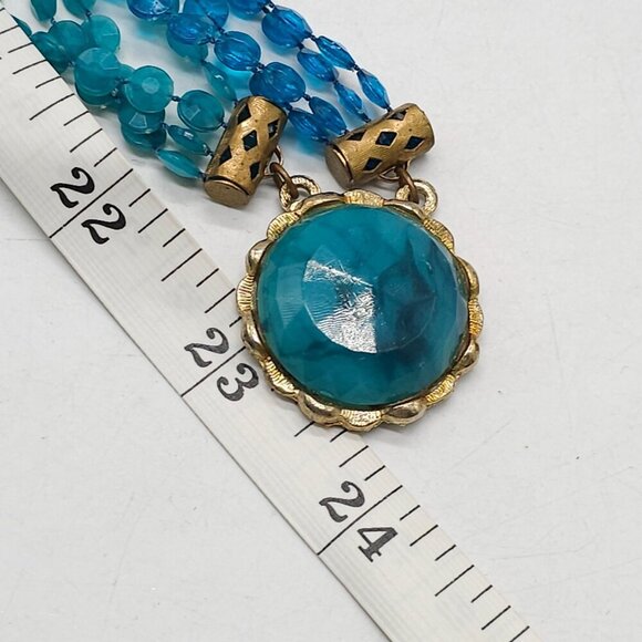 Multi Strand Blue Beaded Necklace Gold-Tone Clasp Faux Turquoise Center Accent - Picture 6 of 6